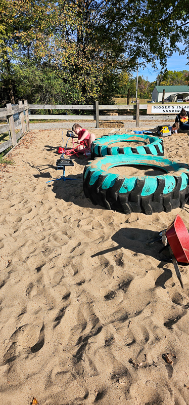 Two students digging in the sand pit at a field trip play area