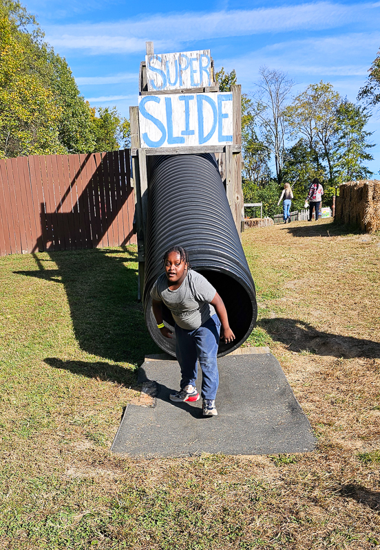 A student coming down the big slide at a field trip play area