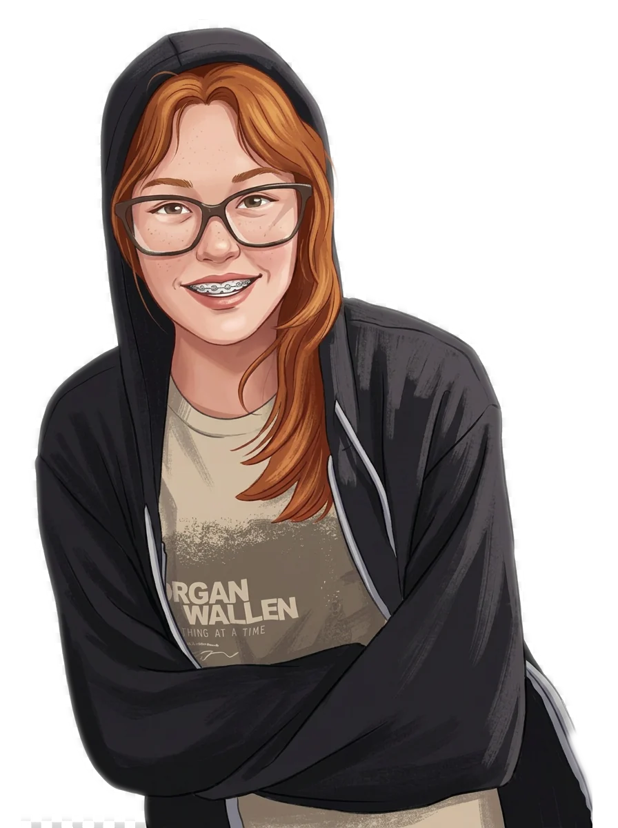 Illustrated portrait of Austin, a student at The Edison School, in a black hoodie and glasses, arms folded