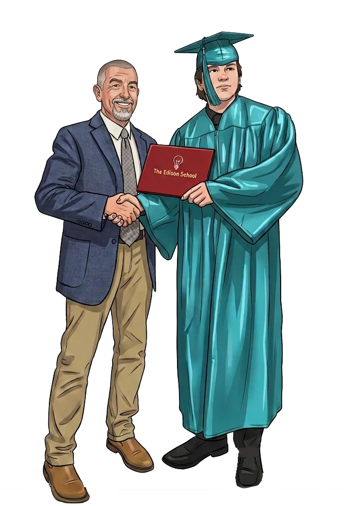Illustrated portrait of Gabe in cap and gown shaking hands with Jon, Head of School, and holding his Edison School diploma